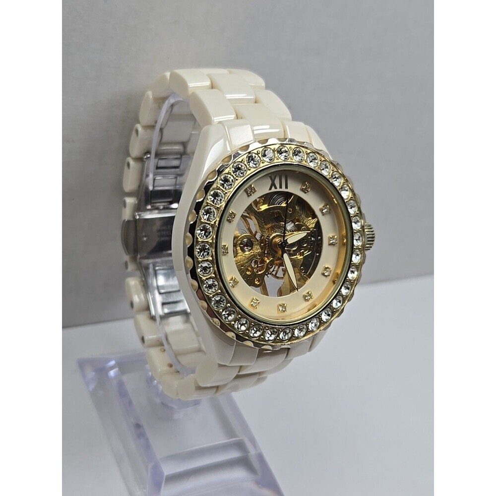 Womens Rare Adrienne Beige Ceramic Skeleton Crystal Bezel Manual Wind Watch - Picture 3 of 11